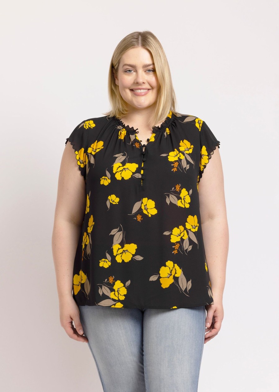 Curvy Daniel Rainn | Valeria Floral Cap Sleeve Top (Plus Size) O107 Black