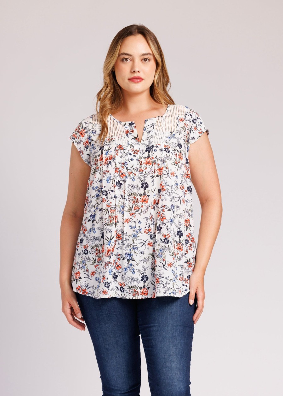 Curvy Daniel Rainn | Jaelyn Short Sleeve Blouse With Embroidered Yoke (Plus Size) F633N Ivory