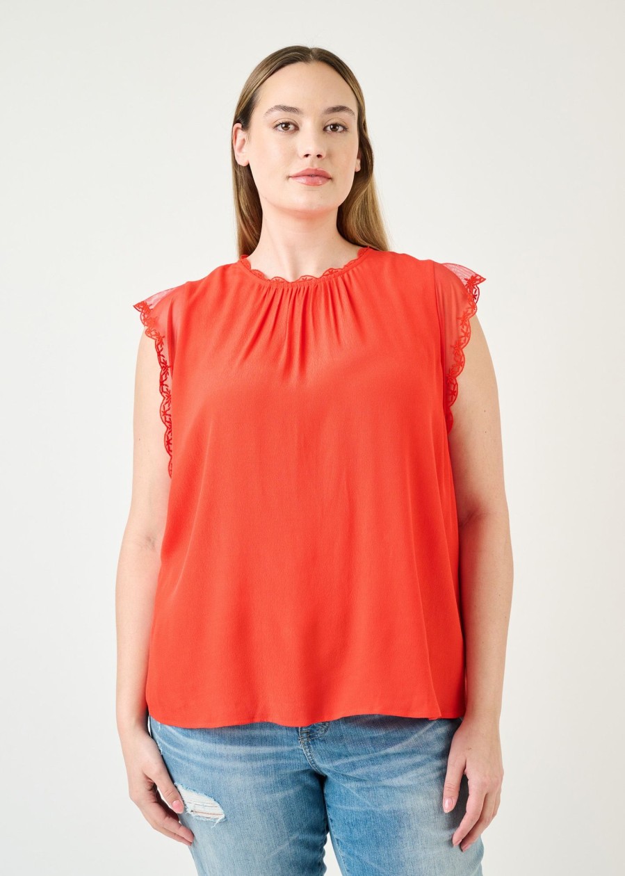 Curvy Daniel Rainn | Lucille Sleeveless Top With Embroidered Lace (Plus Size) Hot Tomato