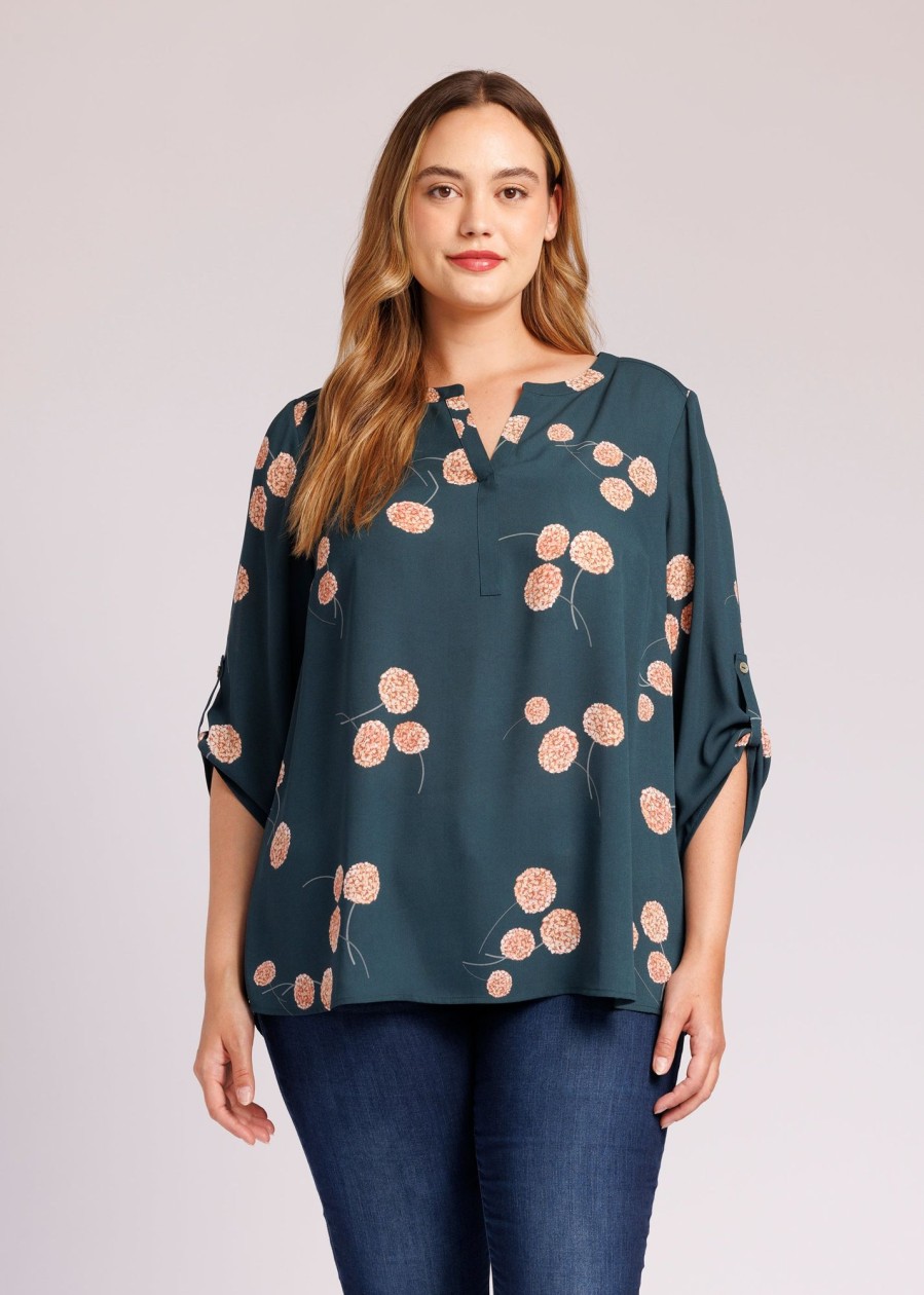 Women Daniel Rainn | Gabriella 3/4 Roll-Tab Sleeve Blouse (Plus Size) B226 Dark Teal